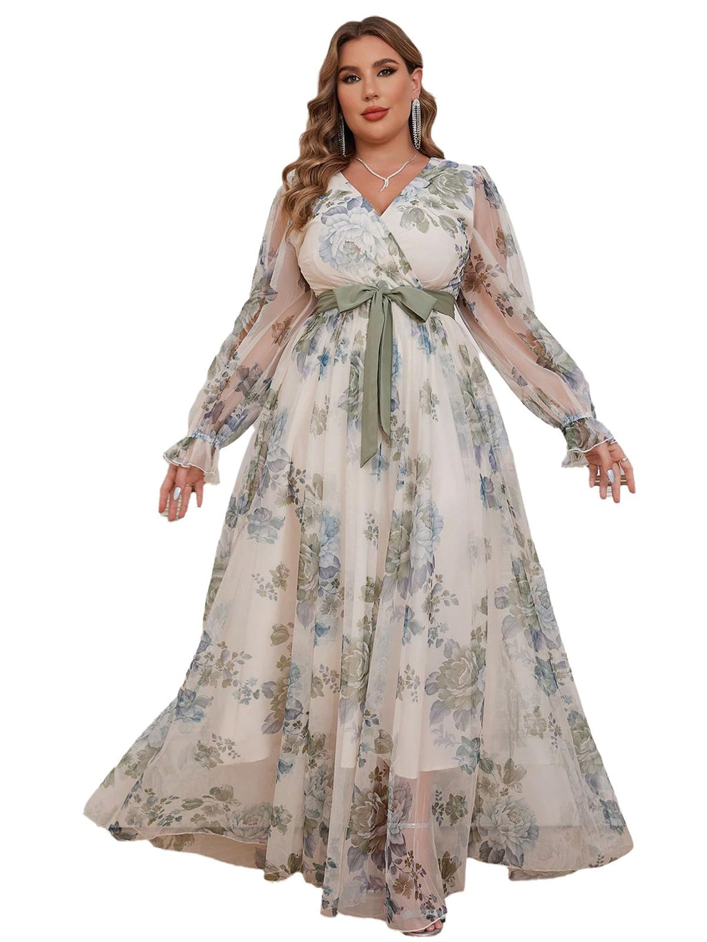 Spring Summer 2024 Plus Size Womens Dresses V Neck Casual Elegant Long Sleeve Floral Print Maxi Dress