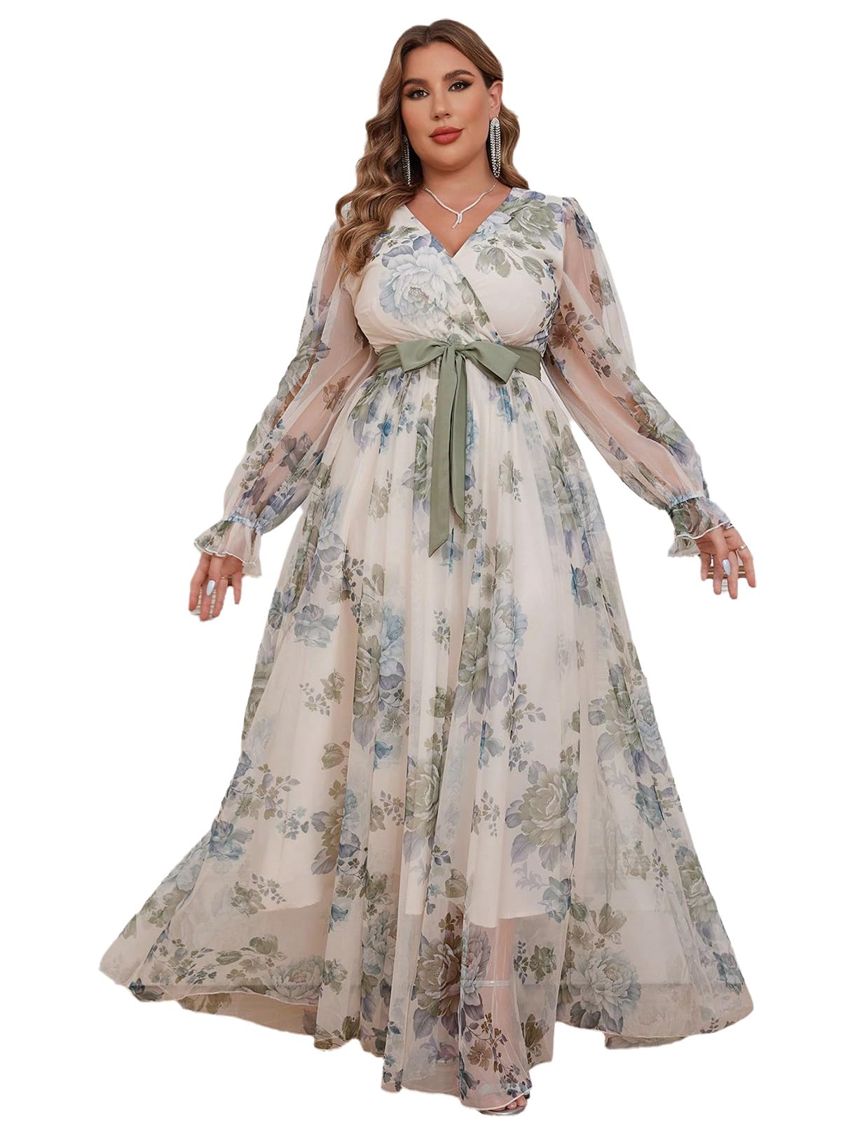 Spring Summer 2024 Plus Size Womens Dresses V Neck Casual Elegant Long Sleeve Floral Print Maxi Dress