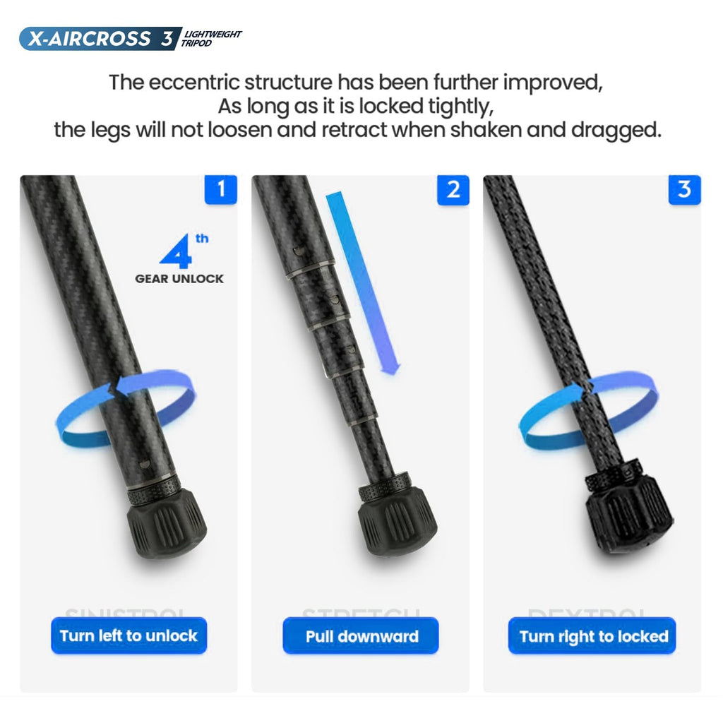 Fotopro 60" Camera Tripod, Carbon Fiber Travel Tripod with 360° Ball Head, Ultralight 2.1lbs, 22lbs Load, Quick Lock, Folds to 14.3" Carry-On, for DSLR Mirrorless Cameras, X-Aircross 3 Blue