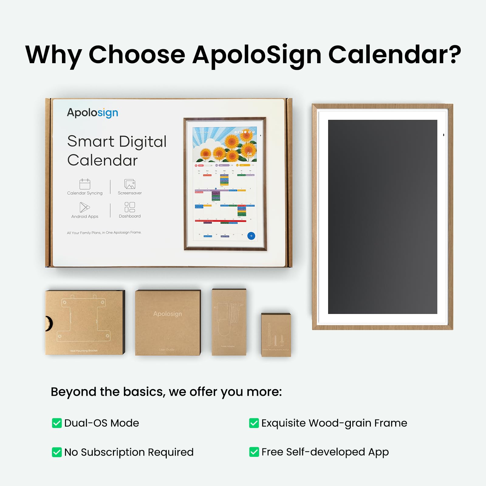 Apolosign 27-inch Digital Calendar & Smart Family Wall Planner, No Subscription, Calendar & Dashboard Dual-Mode System, Shared Touchscreen Display with Calendar Sync, Chore Charts & Family Scheduling Hub, Wall Mount Included (Black)