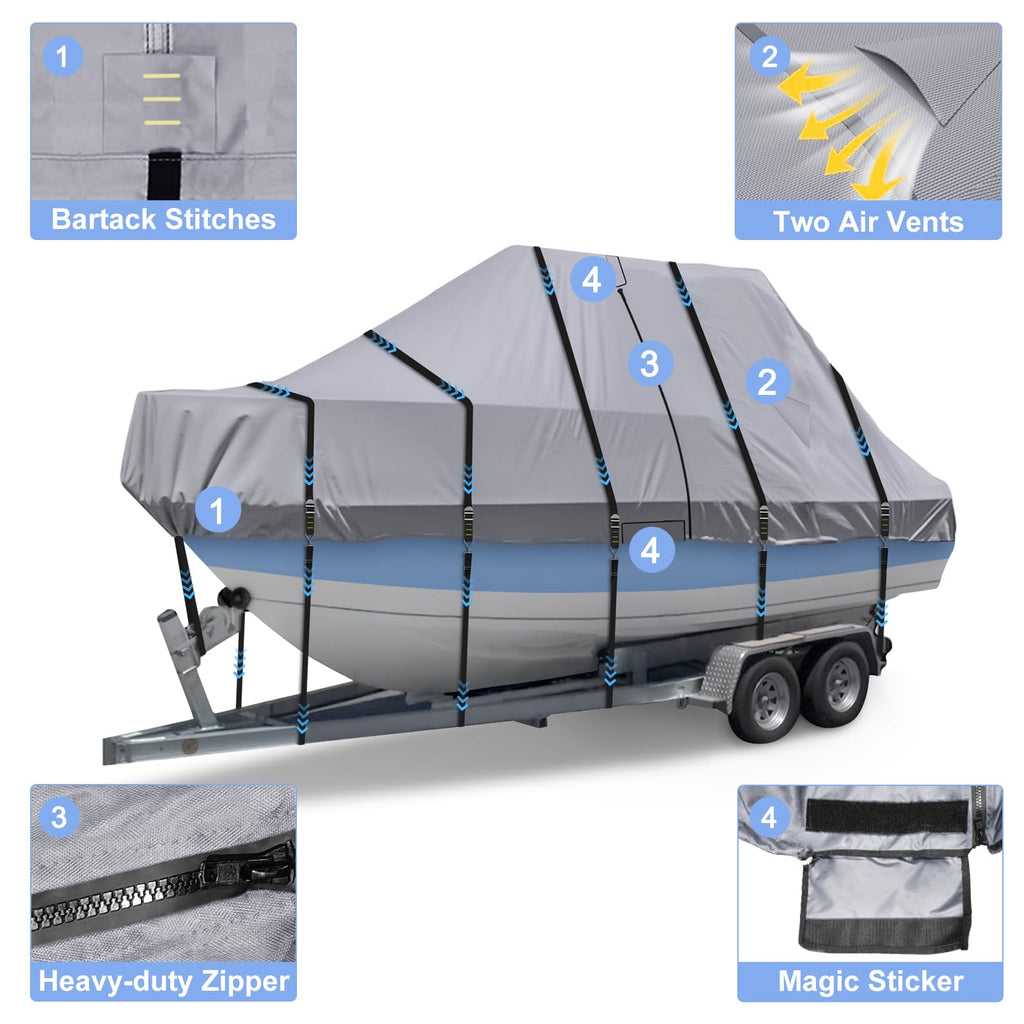 900D T Top Boat Cover -Heavy Duty Waterproof Trailerable Center Console Boat Cover fits for Beam Width Up to 102", Gray
