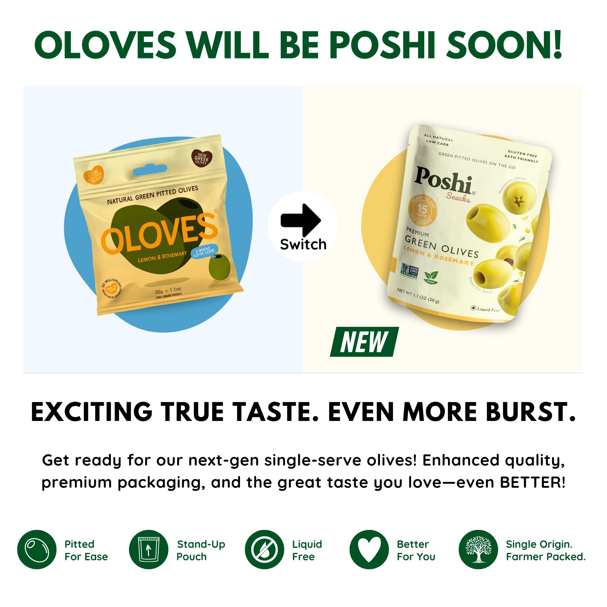 POSHI Green Pitted Olives - Basil & Garlic | Vegan, Kosher, Gluten Free + Keto Friendly, Fresh, Low Calorie Healthy Snacks | (30 Pack, 1.1oz Bags)