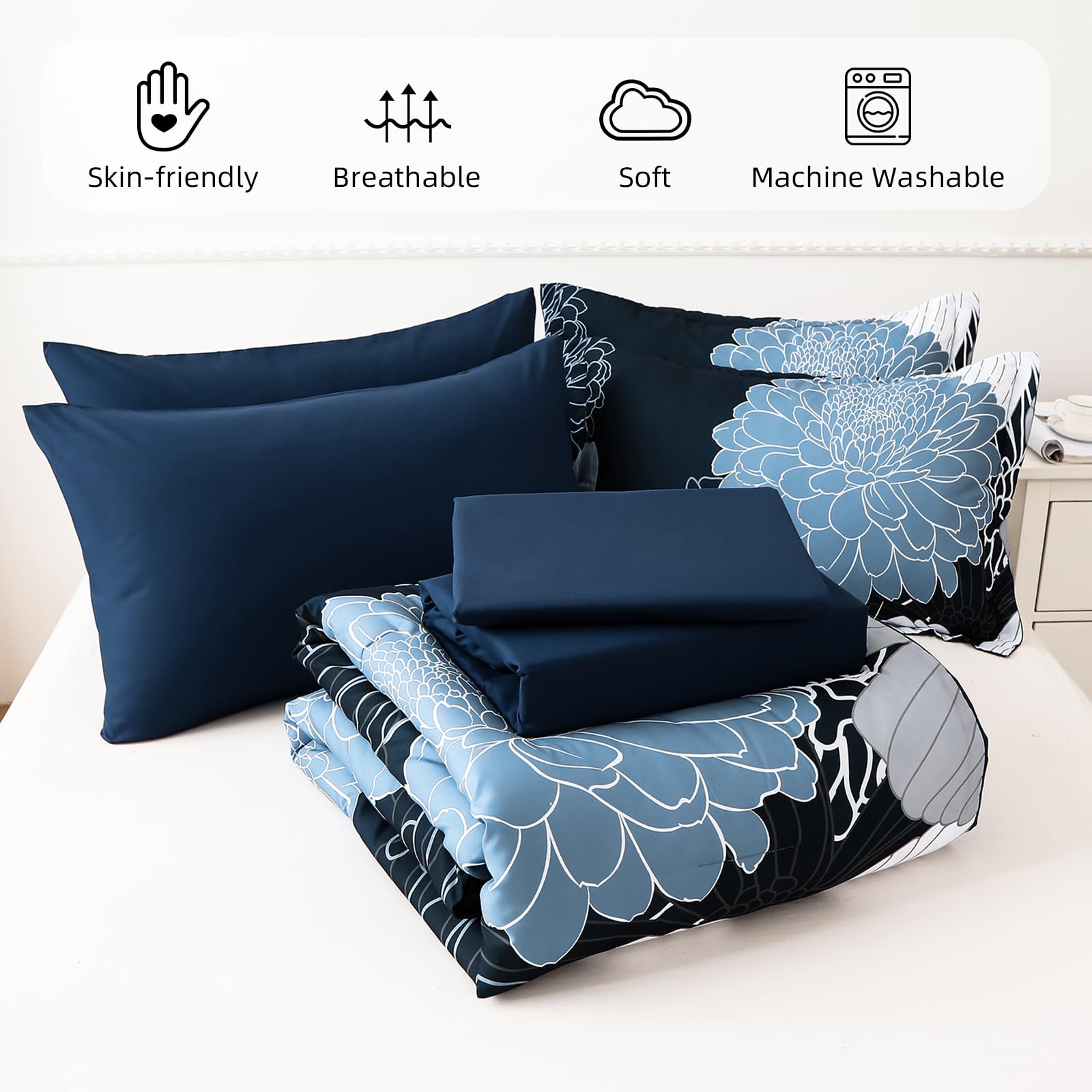 Yiran 7 Pieces Bed in a Bag Blue Floral Comforter Set Queen Size Flowers Comforter Set Soft Microfiber Bedding Set (1 Comforter 1 Flat Sheet 1 Fitted Sheet 2 Pillowshams 2 Pillowcases)