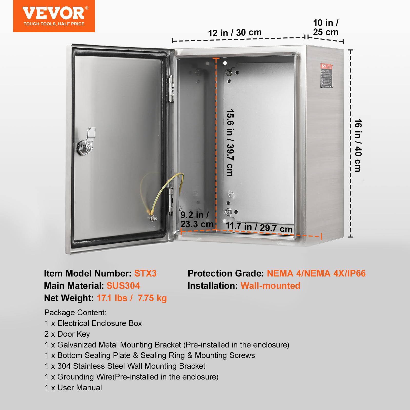 Steel Electrical Box 12" x 12" x 8" Electrical Enclosure Box 304 Stainless Steel Electronic Equipment Enclosure Box IP65 Weatherproof Wall-Mounted Metal Electrical Enclosure with Mounting Plate