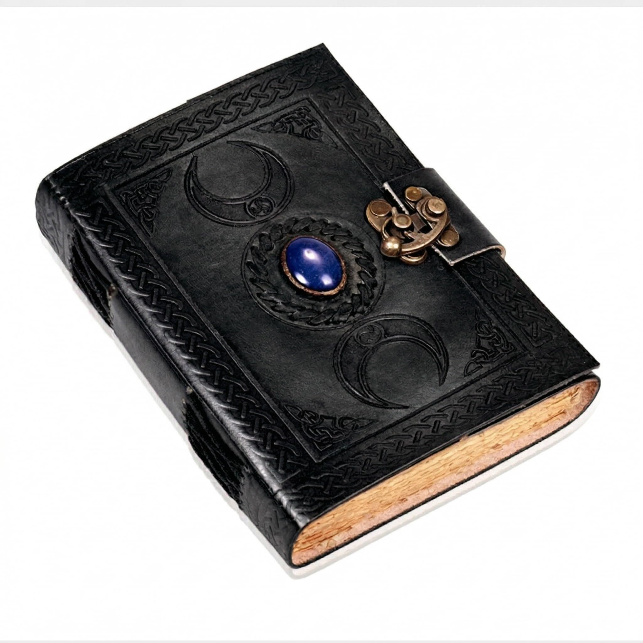 3 Moon Blue Lapis Embossed Vintage Leather Journal | 240 Pages of Antique Handmade Deckle Edge Vintage Paper, Leather Sketchbook, Drawing Journal, Great Gift (5 by 7 inch, black)