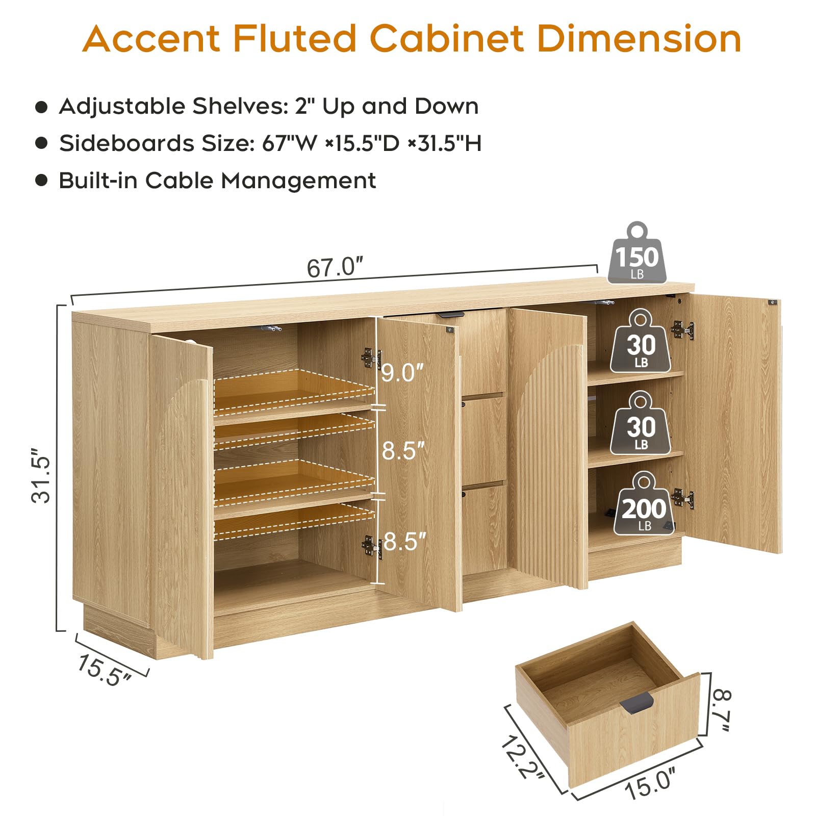 Yechen 55" Fluted Sideboard Buffet Cabinet with Storage, Wood Mid Century Modern Credenza Cabinet w/Arched Reeded Doors & Adjustable Shelves for Kitchen, Living Room, Entryway