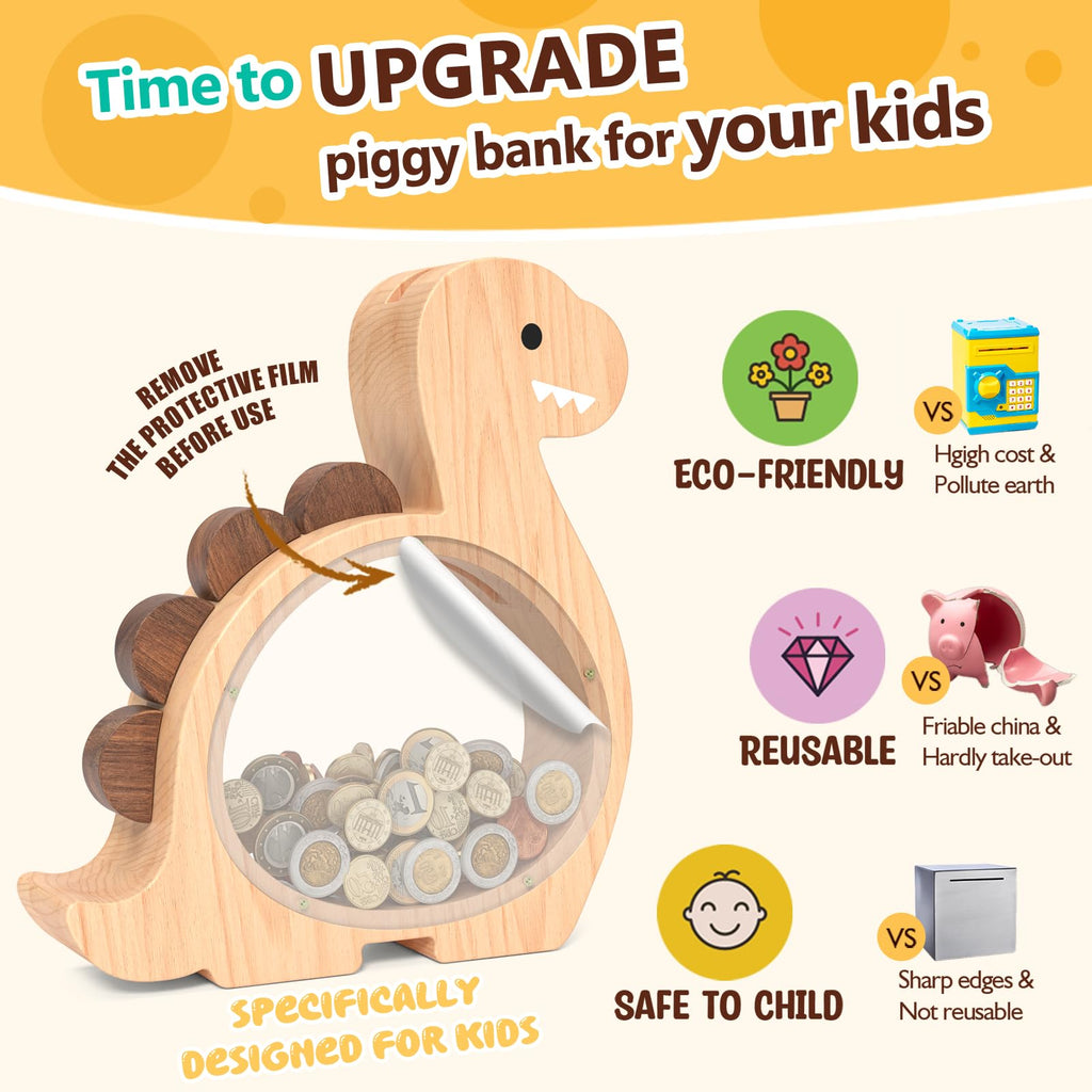Summidate Wooden Dinosaur Piggy Bank for Kids Boys, Cute Wood Dino Money Bank for Toddlers, Creative Saving Coin Jar, Personalized Present for Child Birthday & Decor (Brachiosaurus, Custom)