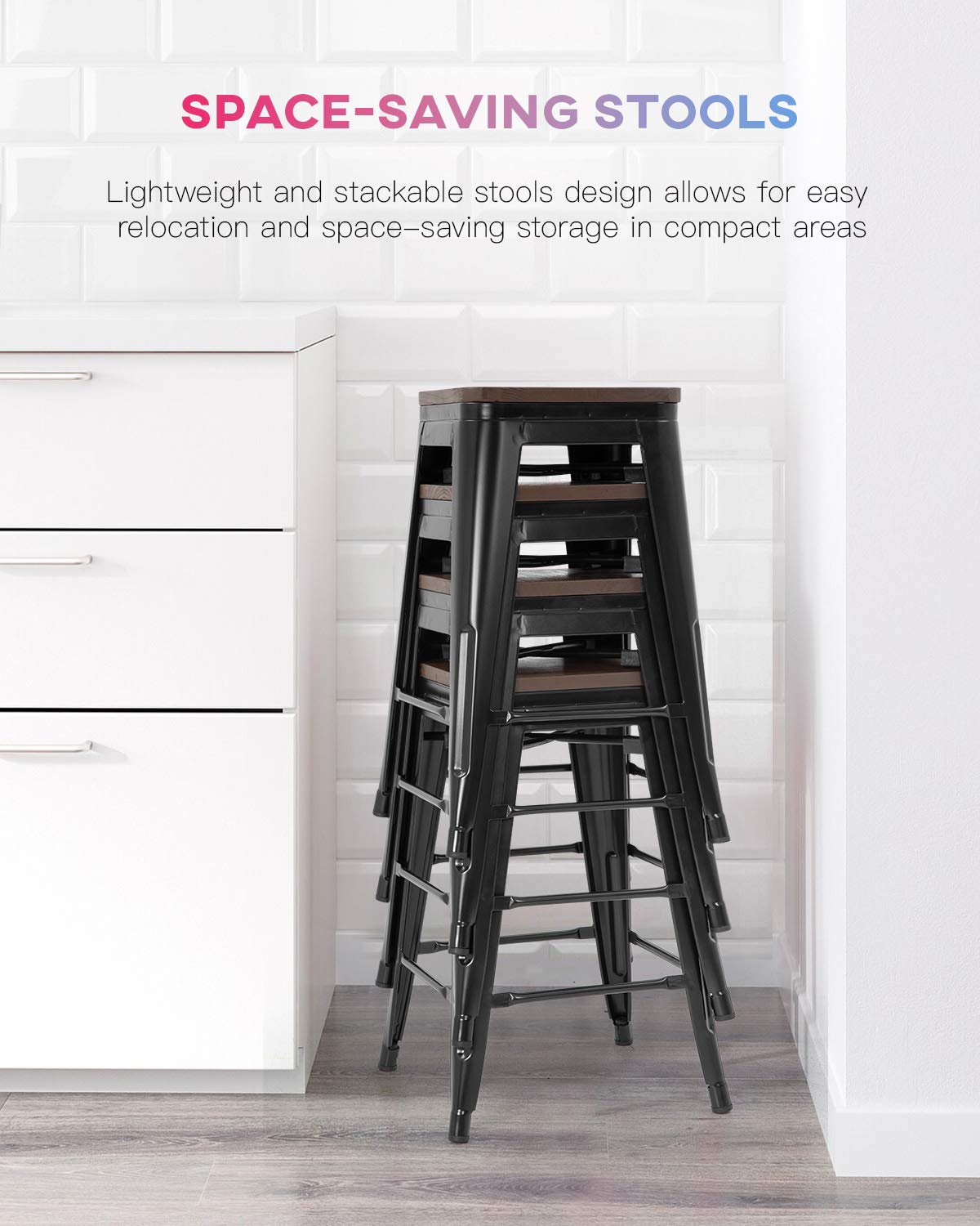 FDW Metal Bar Stools Set of 4 Counter Height Bar Stools 24 Inches Industrial Bar Chairs Patio Stool Stackable Backless Stool Indoor Outdoor Metal Kitchen Stools Bar Chairs (Black, 24")