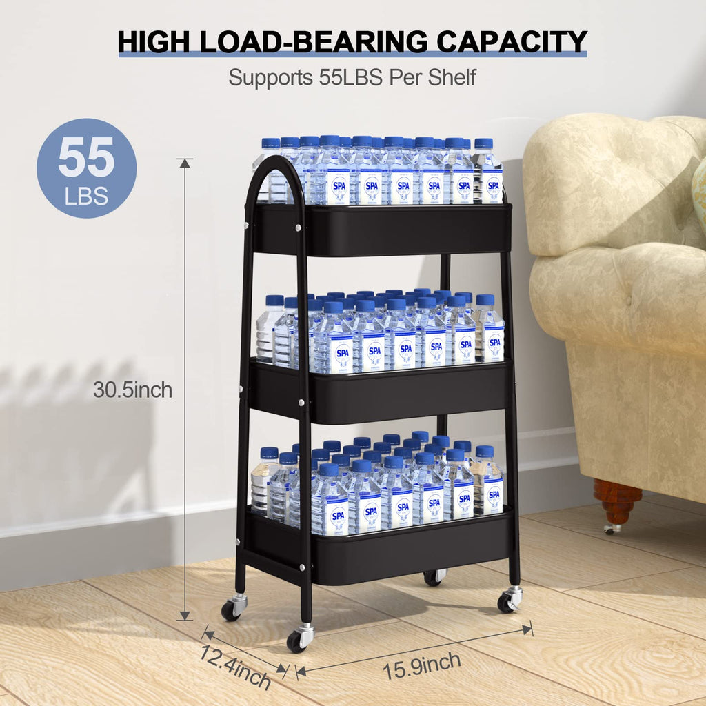 EAGMAK 3 Tier Rolling Cart, Large Metal Storage Cart with Handle and Lockable Wheels, Big Multifunctional Storage Organizer Trolley with Mesh Baskets for Kitchen, Living Room, Office, Garage (Beige)
