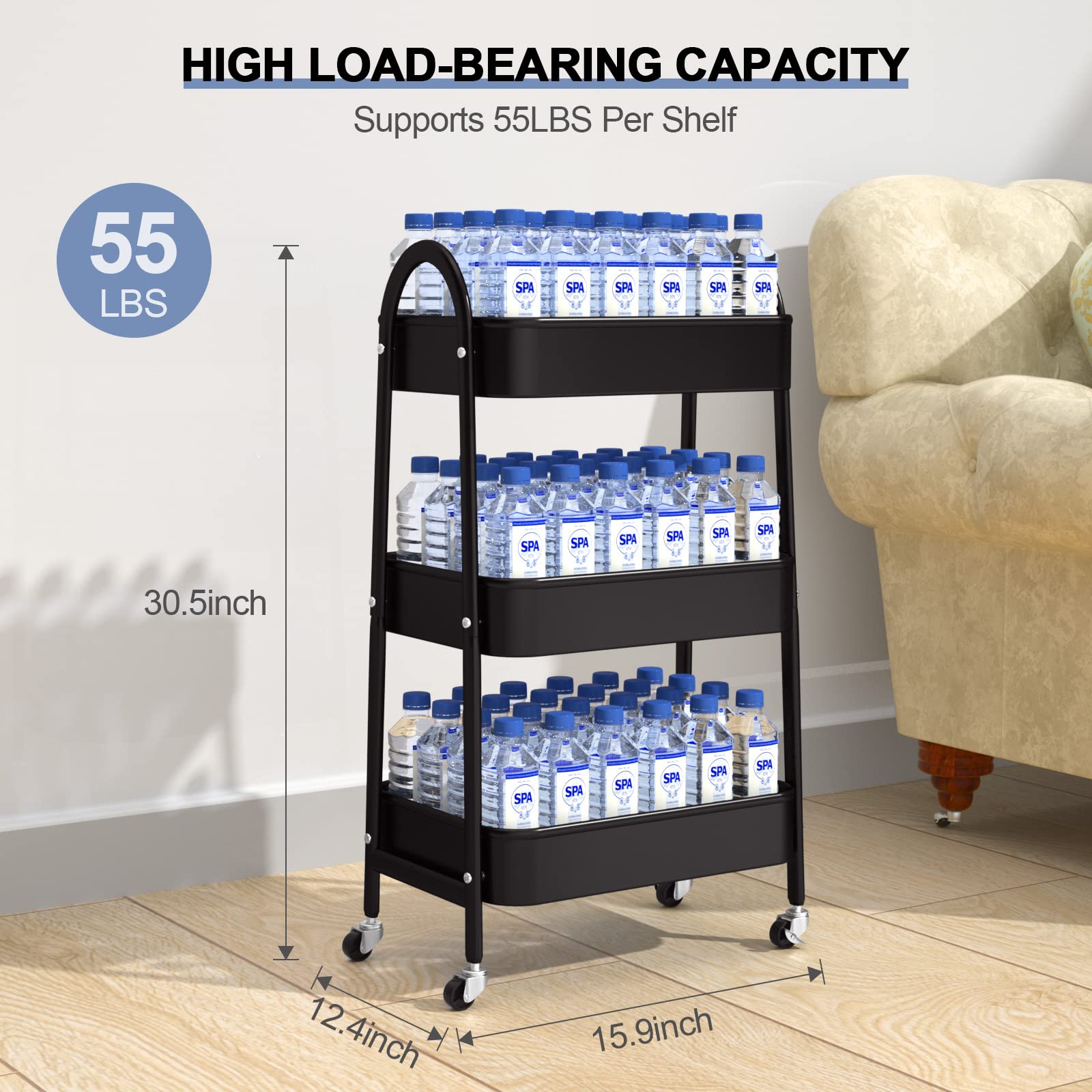 EAGMAK 3 Tier Rolling Cart, Large Metal Storage Cart with Handle and Lockable Wheels, Big Multifunctional Storage Organizer Trolley with Mesh Baskets for Kitchen, Living Room, Office, Garage (Beige)