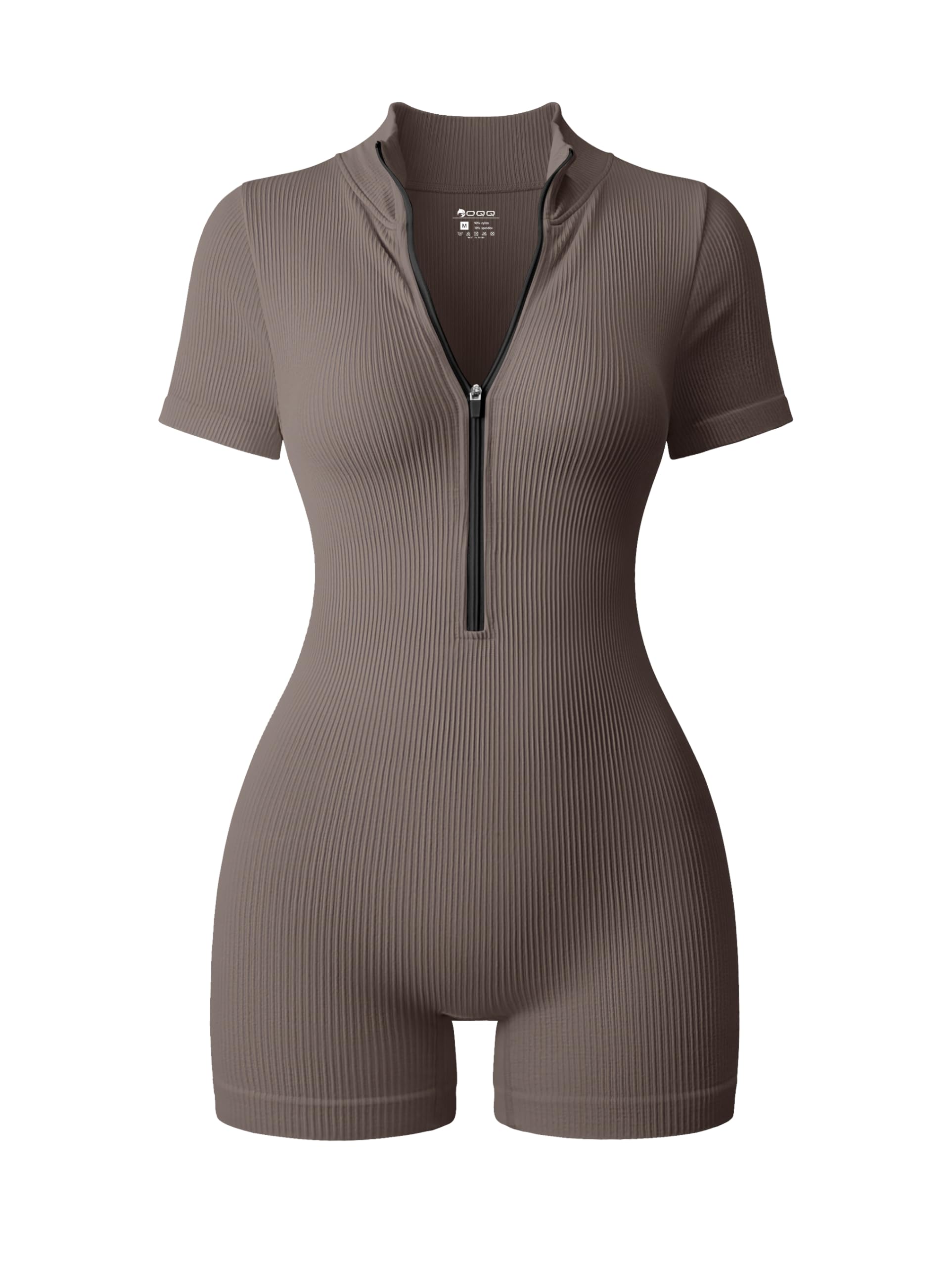 OQQ Women Rompers Ribbed Short Sleeve Zip Front Stretch Tummy Control Yoga Workout Rompers