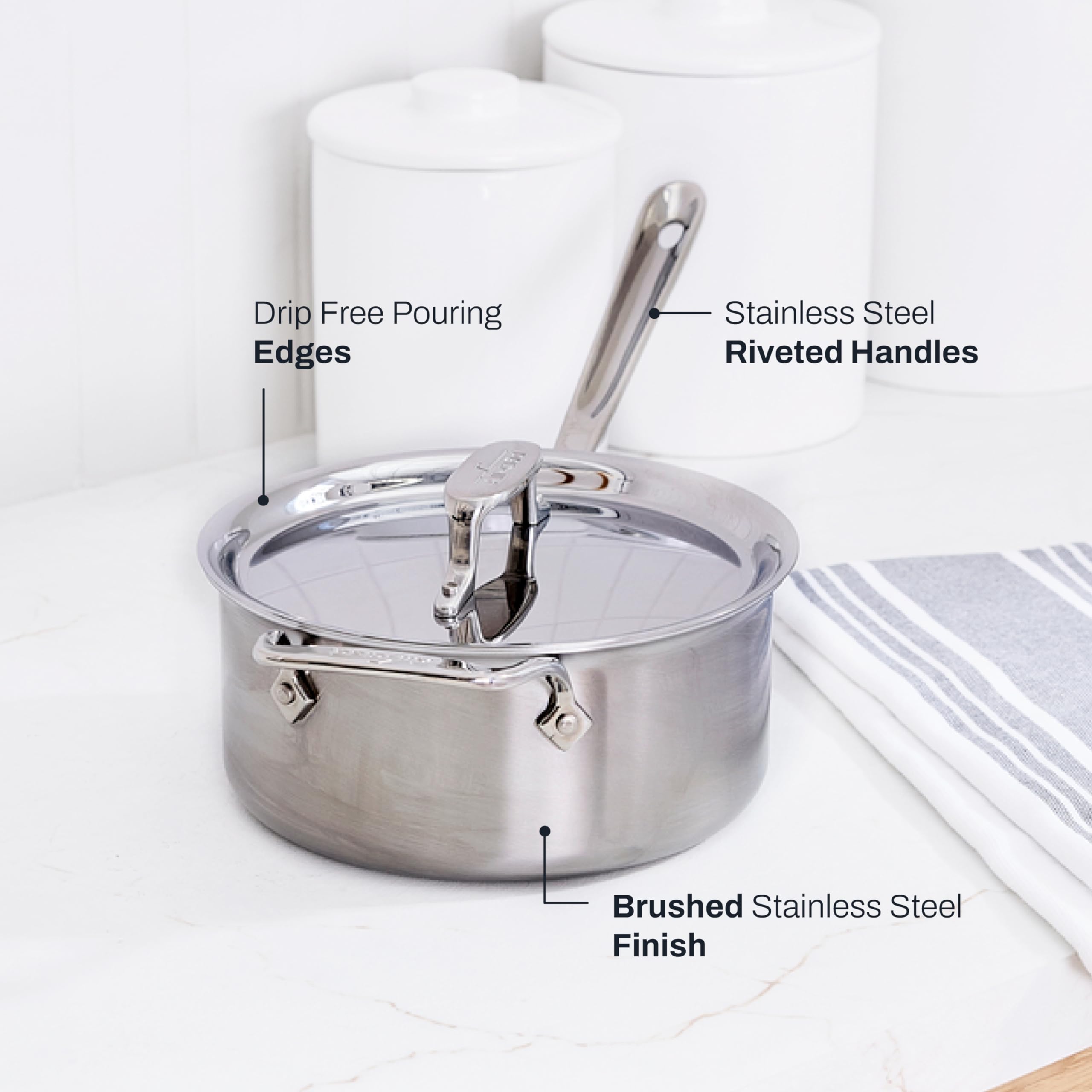 All-Clad D5 5-Ply Brushed Stainless Steel Sauce Pan 1.5 Quart Induction Oven Broiler Safe 600F Pots and Pans, Cookware Silver