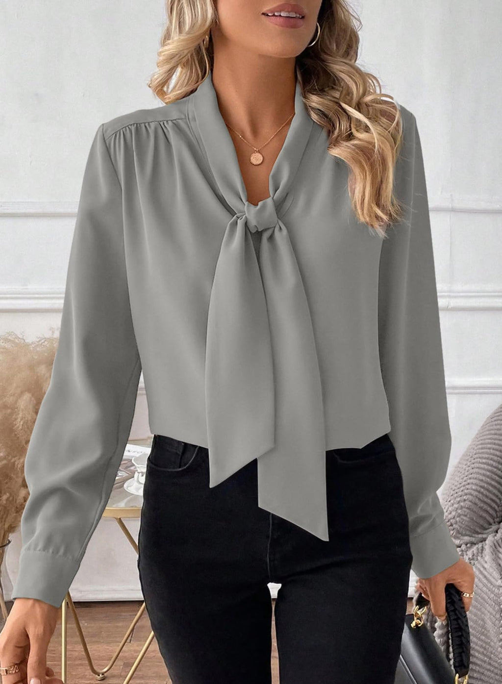 Astylish Women's Bow Tie Neck Tops 2026 Long Sleeve Dressy Loose Casual Elegant Business Work Blouses Shirts