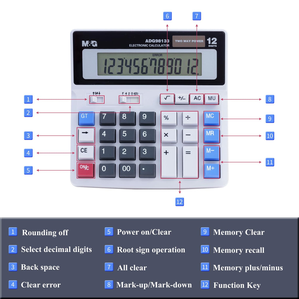 M&G Desk Calculator 12 Digit Extra Large LCD Display, Dual Solar Power and Battery, Accounting Calculator with Big Button, Battery Include, Perfect for Office Business Home Daily Use