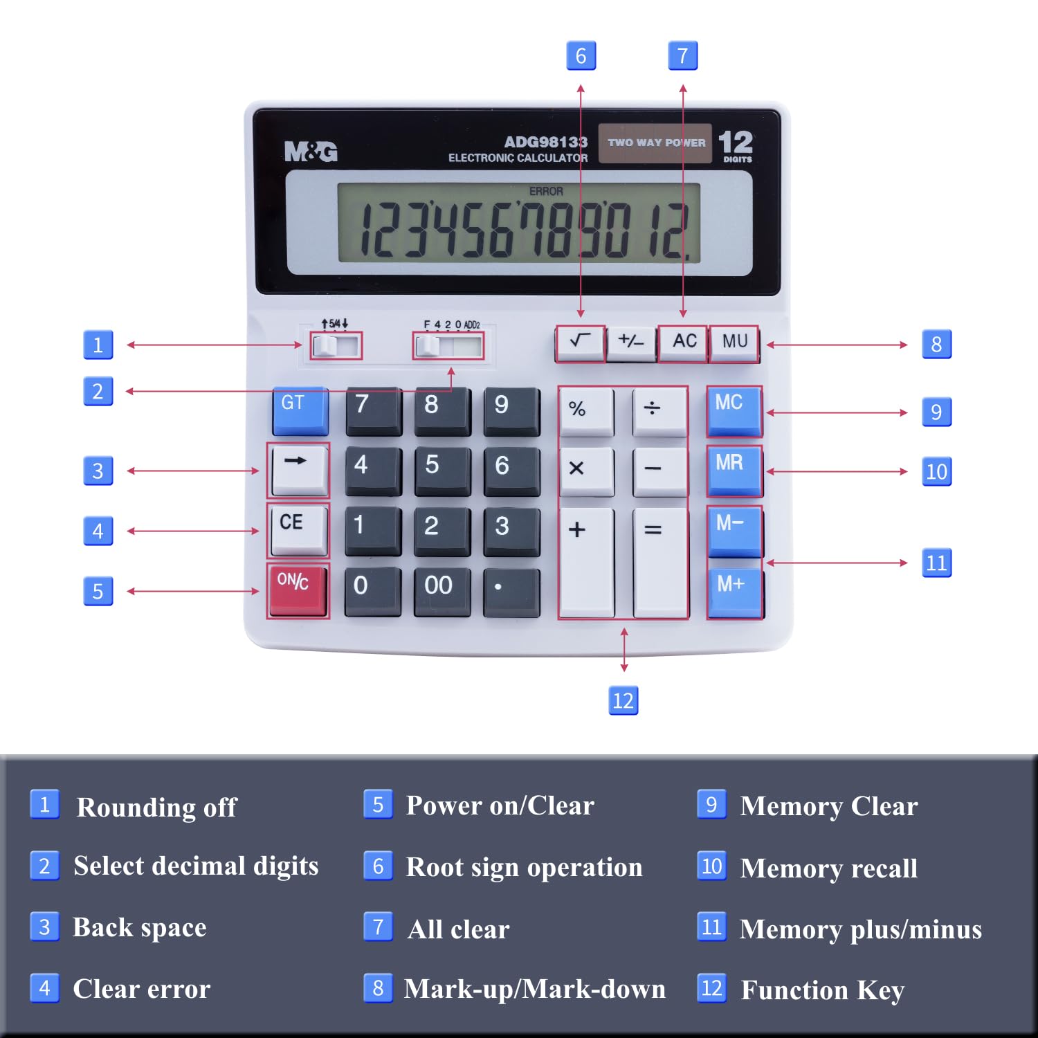 M&G Desk Calculator 12 Digit Extra Large LCD Display, Dual Solar Power and Battery, Accounting Calculator with Big Button, Battery Include, Perfect for Office Business Home Daily Use