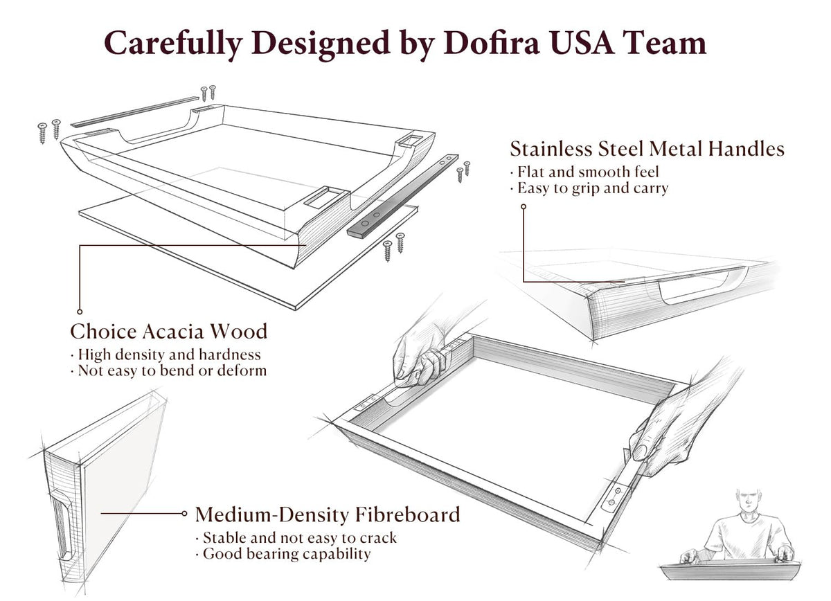 Acacia Wood Serving Tray with Metal Handle, 17x13in Tray for Ottoman