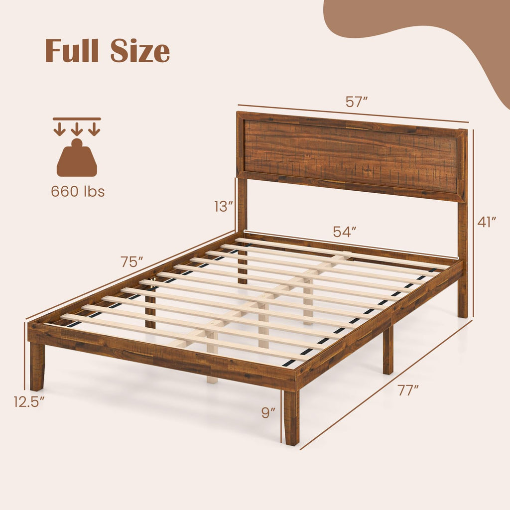 Giantex Wood Twin Bed Frames with Headboard, Solid Acacia Wood Platform Bed with 12 Strong Wooden Slat Support, Scandinavian Style Art Deco Twin Size Bed Frame, No Box Spring Needed, Rustic Brown