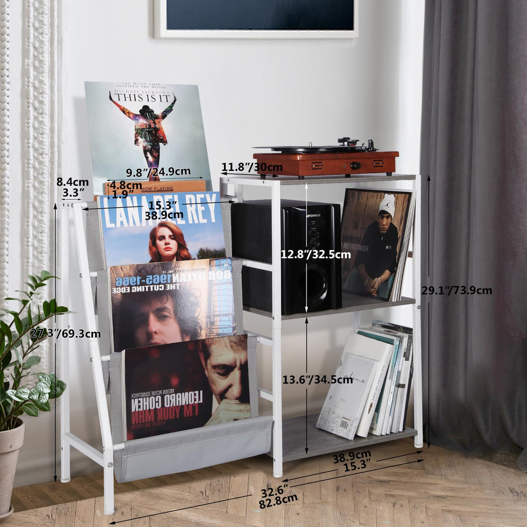 HYCFYJR Record Player Stand, 3-Tier Vinyl Record Storage, Turntable Stand with Now Playing Holder, Vinyl Display for Living Room, Grey & White
