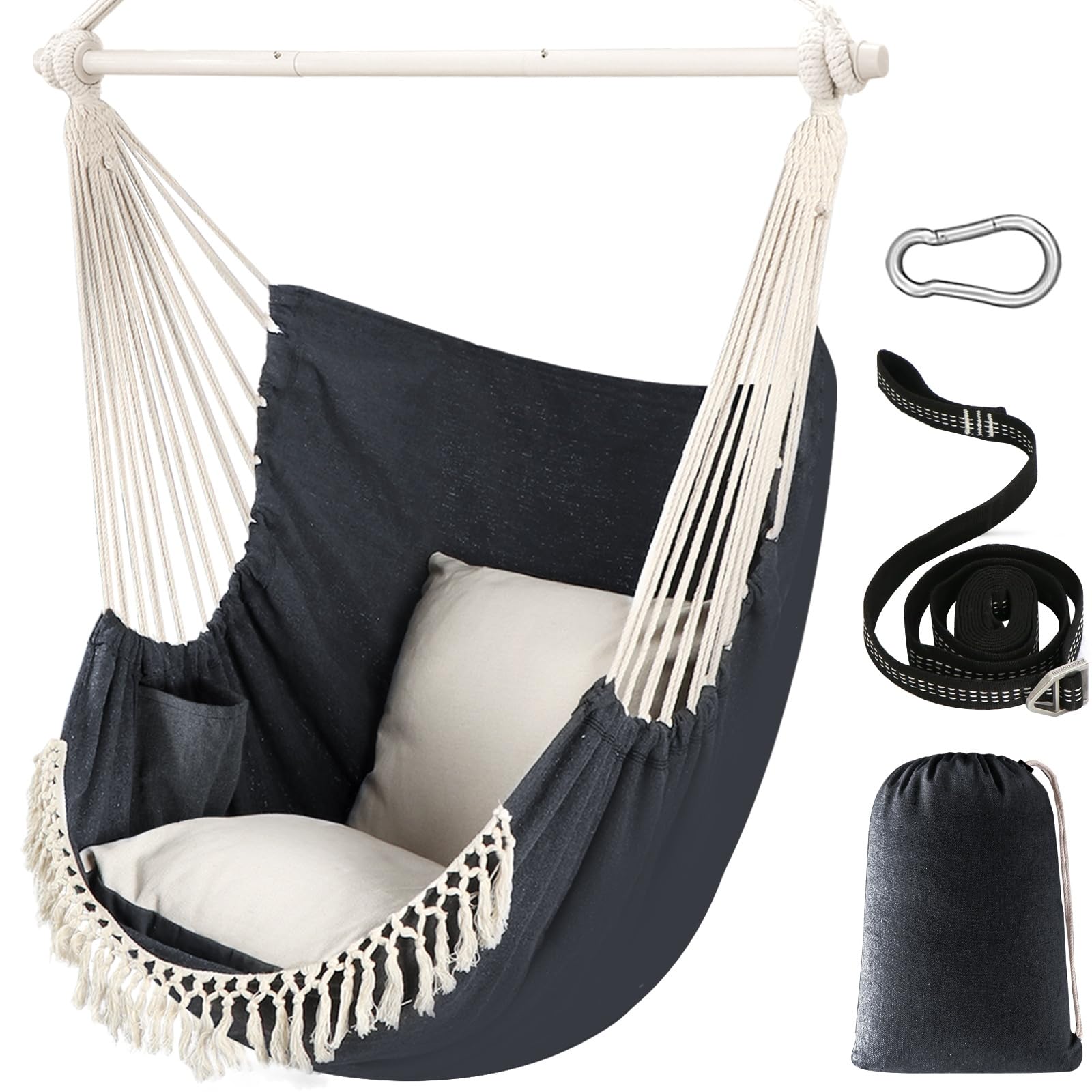 Chihee Hammock Chair Hanging Swing Max 500 Lbs 2 Cushions Included Metal Spreader Bar with Anti-Slip Grooves Portable Hanging Chair Side Pocket Large Macrame Bohemian Chair Indoor Outdoor | Hanging Swing with Anti-Slip Grooves Portable Hanging Chair Side