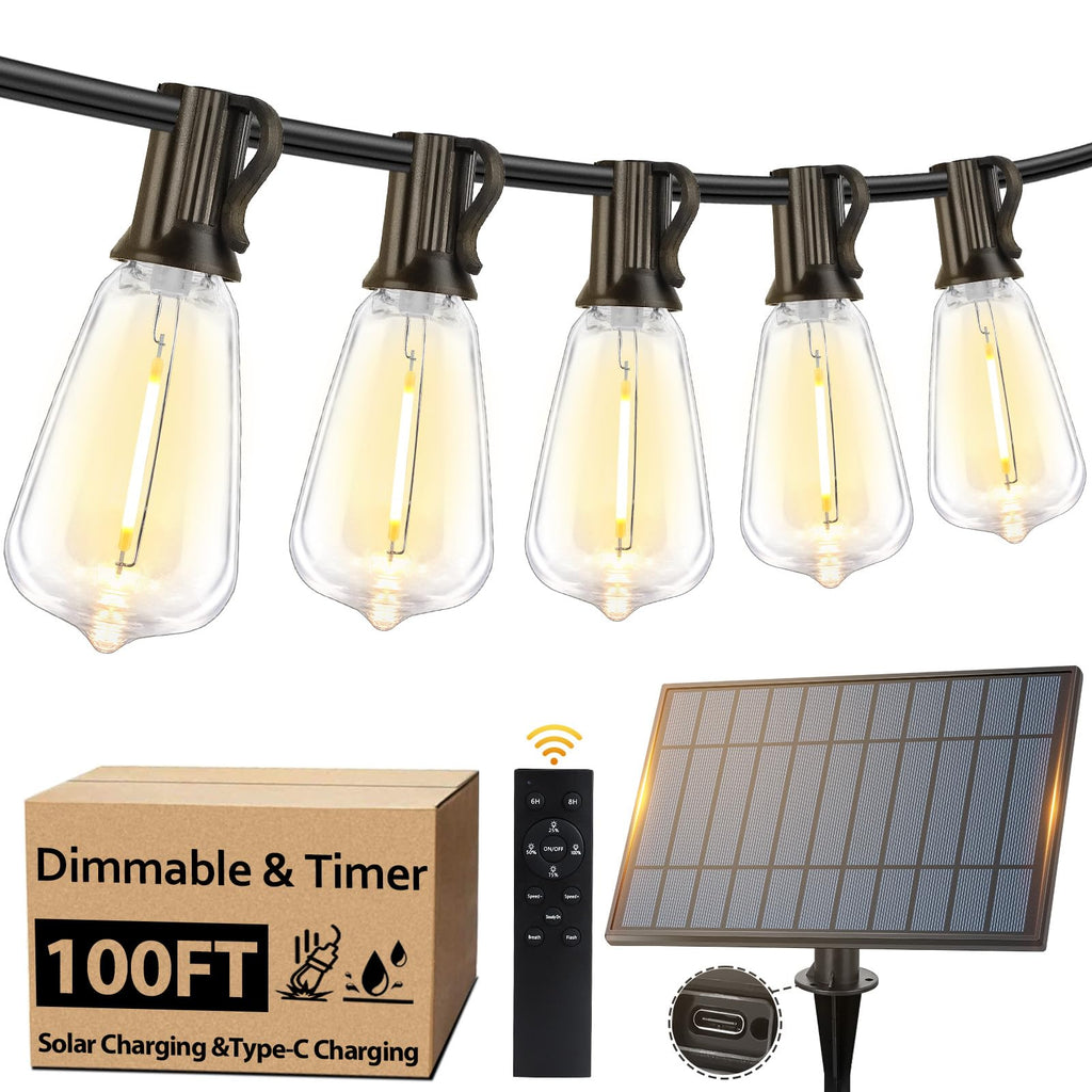 50 FT Solar String Lights for Outside, Solar Powered Outdoor String Lights with 26 Shatterproof Edison Bulbs, Dimmable Patio Lights Waterproof with Remote Timer for Wedding Backyard(Warm White)