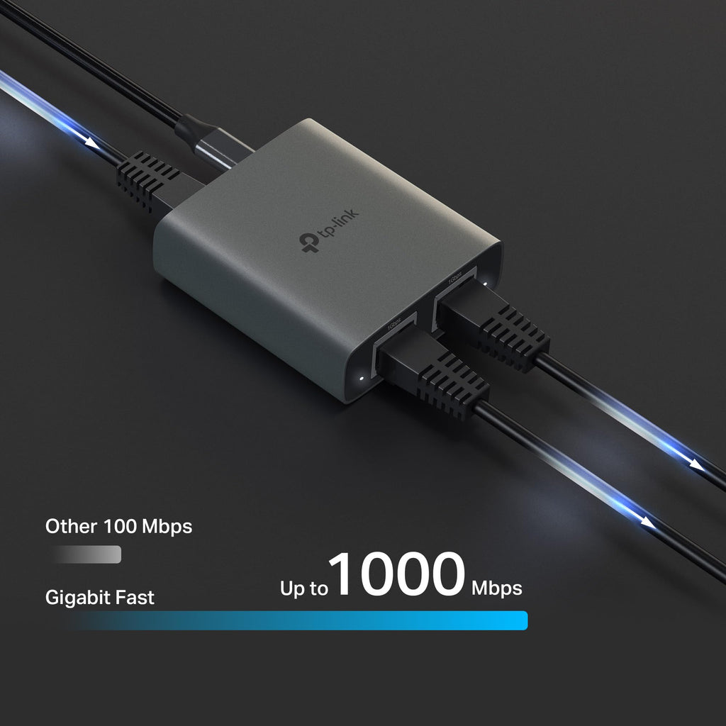 TP-Link Ethernet Splitter 1 to 2, 1000 Mbps High Speed Dual-Port Internet Splitter, Compatible w/ Cat8/7/6/5e/5, USB-C & Ethernet Cables Included, Aluminum Case, Plug and Play for Routers & More EH210