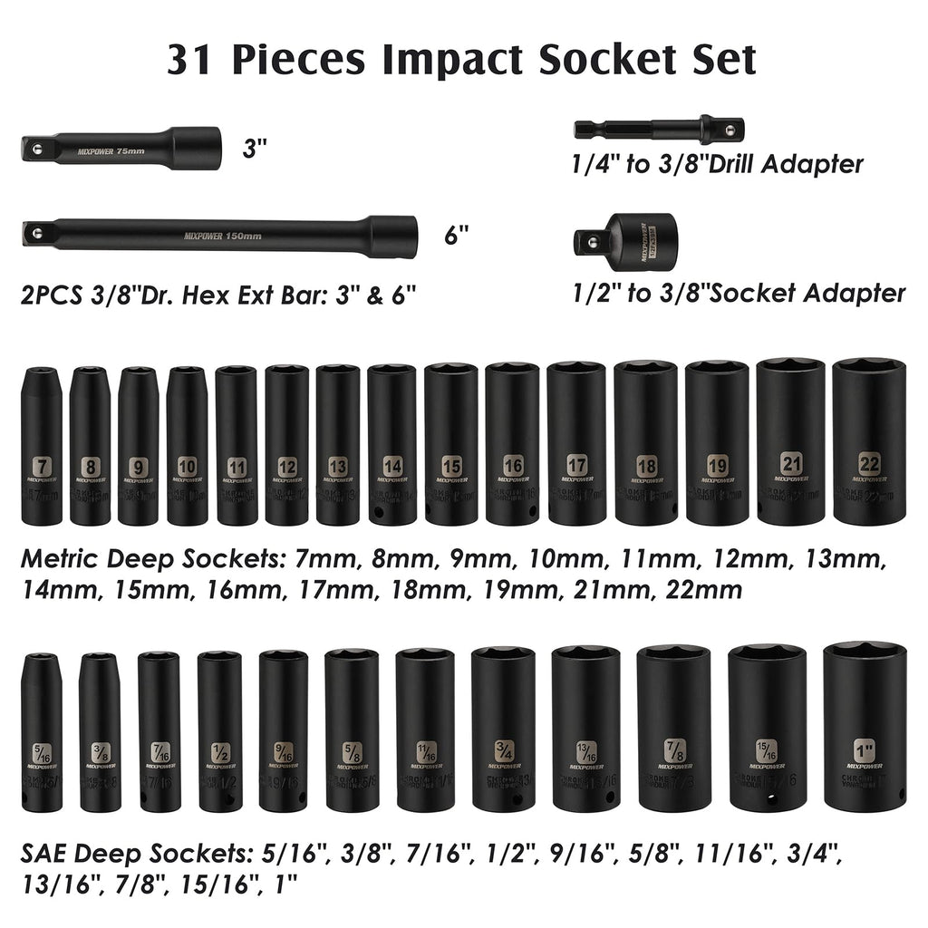 MIXPOWER 12 Pieces 3/8-Inch Drive Shallow Impact Socket Set, 5/16 to 1 inch, CR-V, SAE, 6 Point, Shallow, 12 Pieces 3/8" Dr. Socket