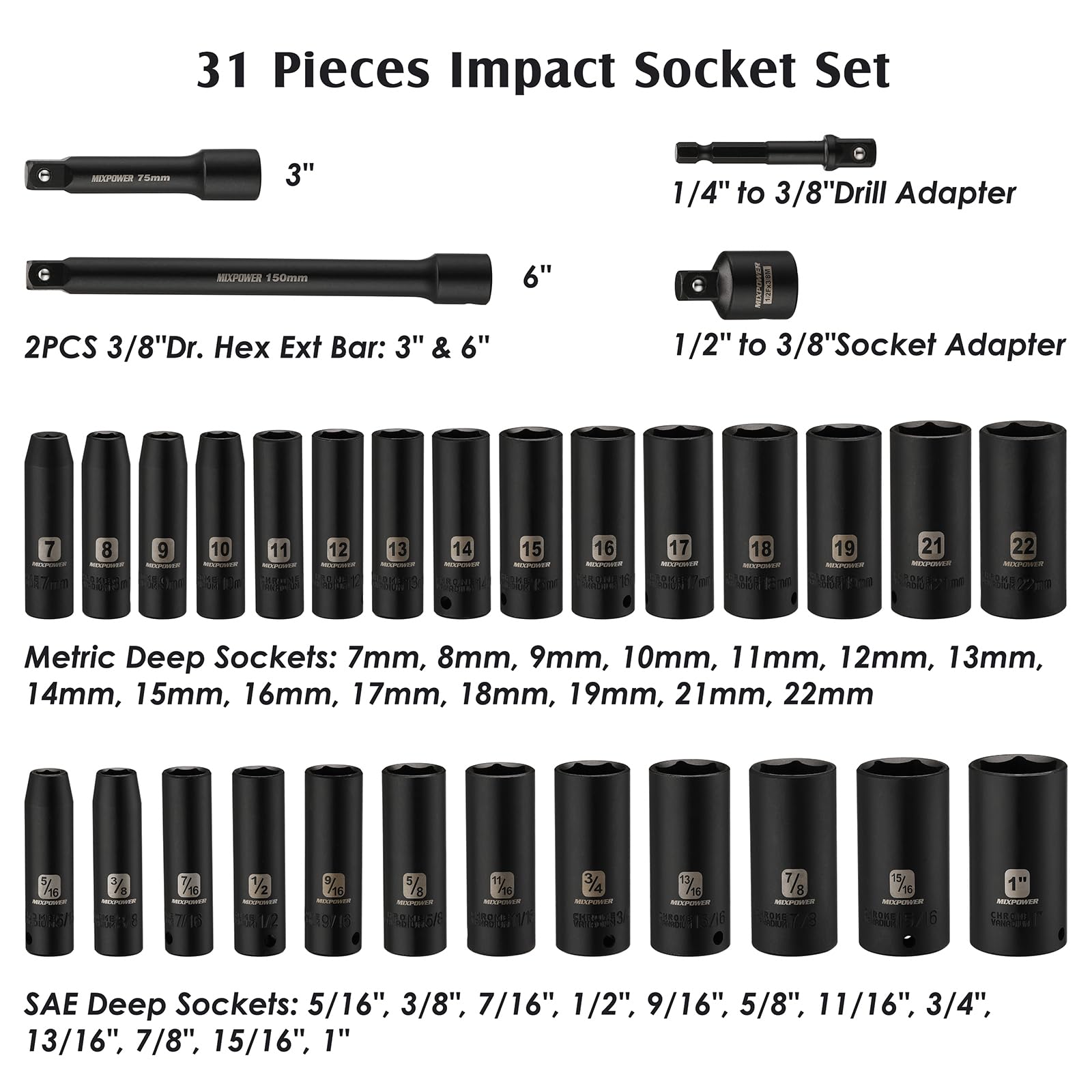 MIXPOWER 12 Pieces 3/8-Inch Drive Shallow Impact Socket Set, 5/16 to 1 inch, CR-V, SAE, 6 Point, Shallow, 12 Pieces 3/8" Dr. Socket