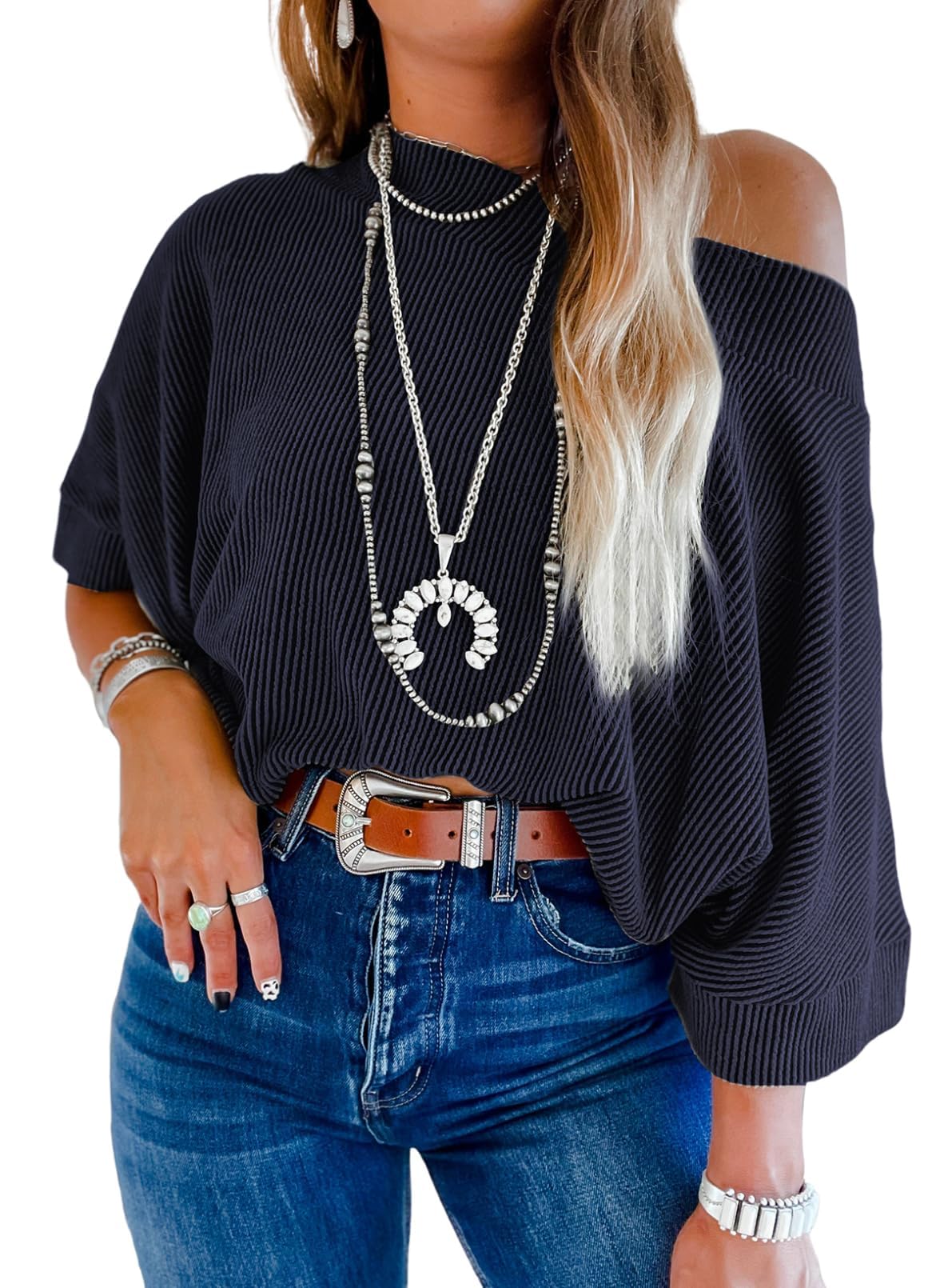 EVALESS Sexy Off The Shoulder Tops for Women 3/4 Length Sleeve Womens Tops Spring Summer 2026 Boat Neck One Shoulder Shirts