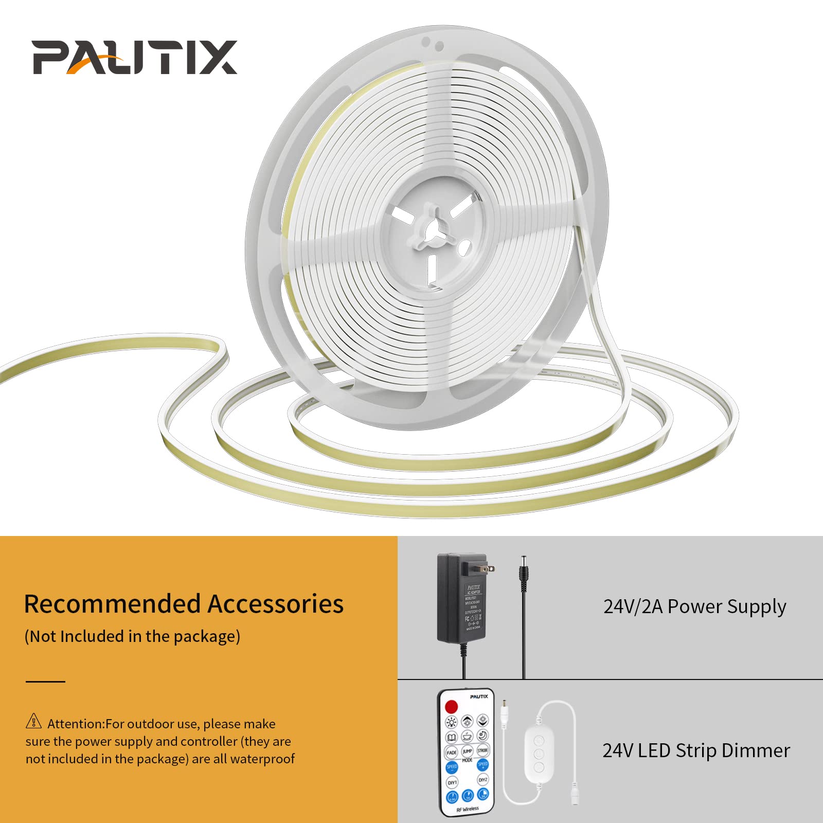 PAUTIX COB LED Strip Neon Rope Light 16.4ft/5m, 2700K Warm White 504 LEDs/m 24V,Silicone LED Neon Light IP68 Waterproof for Outdoor Indoor Lighting Decor(Power Supply NOT Included)