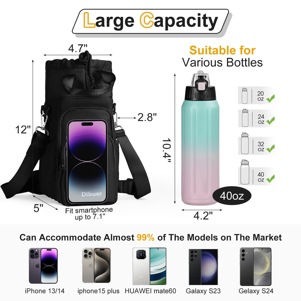 Water Bottle Holder with Strap, 32oz 40oz Insulated Crossbody Water Bottle Carrier Sling Bag with Phone Pocket for Walking/Hiking/Travel/Gym