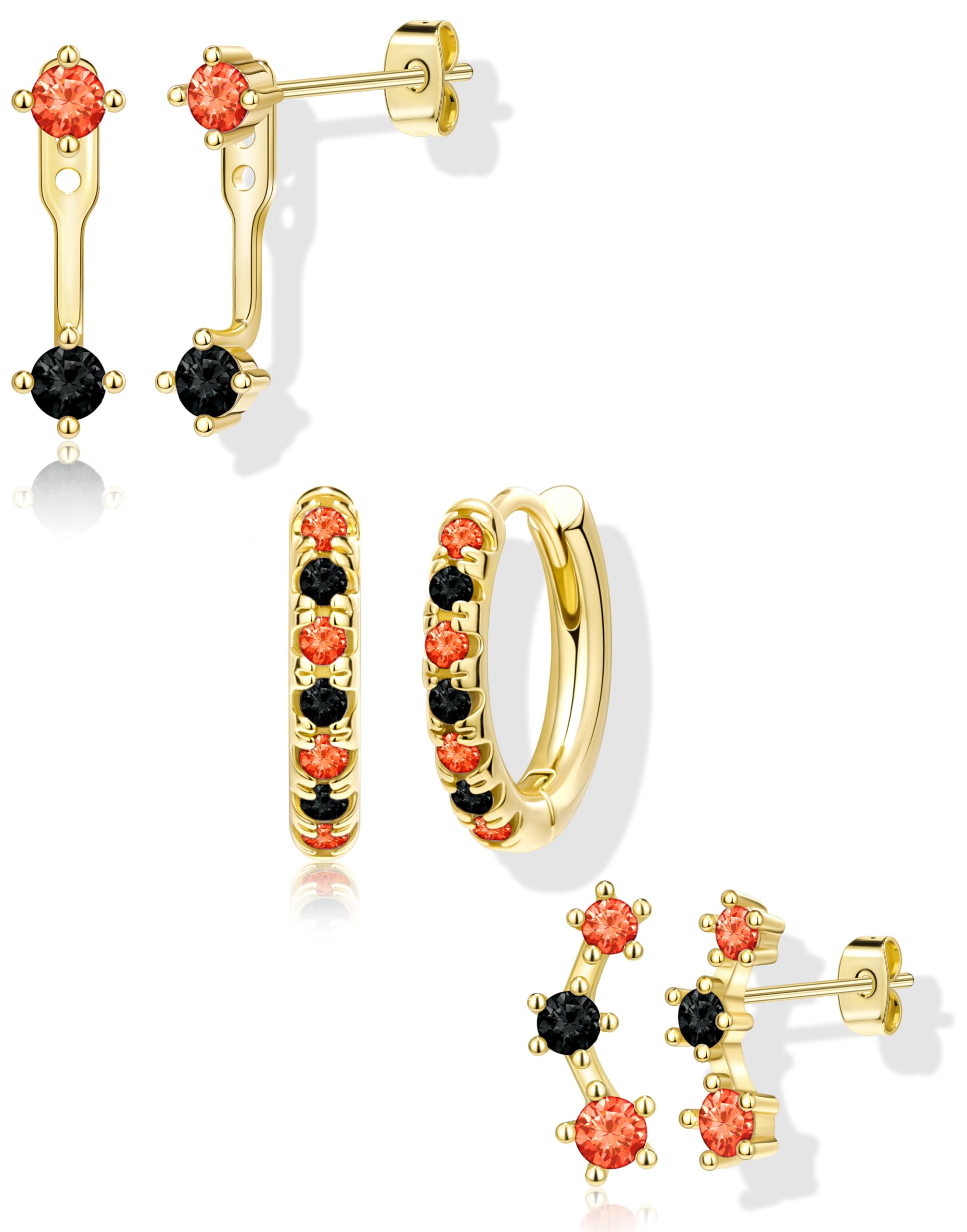 3 Pairs Dainty Small Earrings Set for Women Trendy, Birthstone Stud Huggie Hoop Jacket Stack for Cartilage Helix, Gold Plated Hypoallergenic Cute Women Fashion Accessories Western Jewelry Gifts