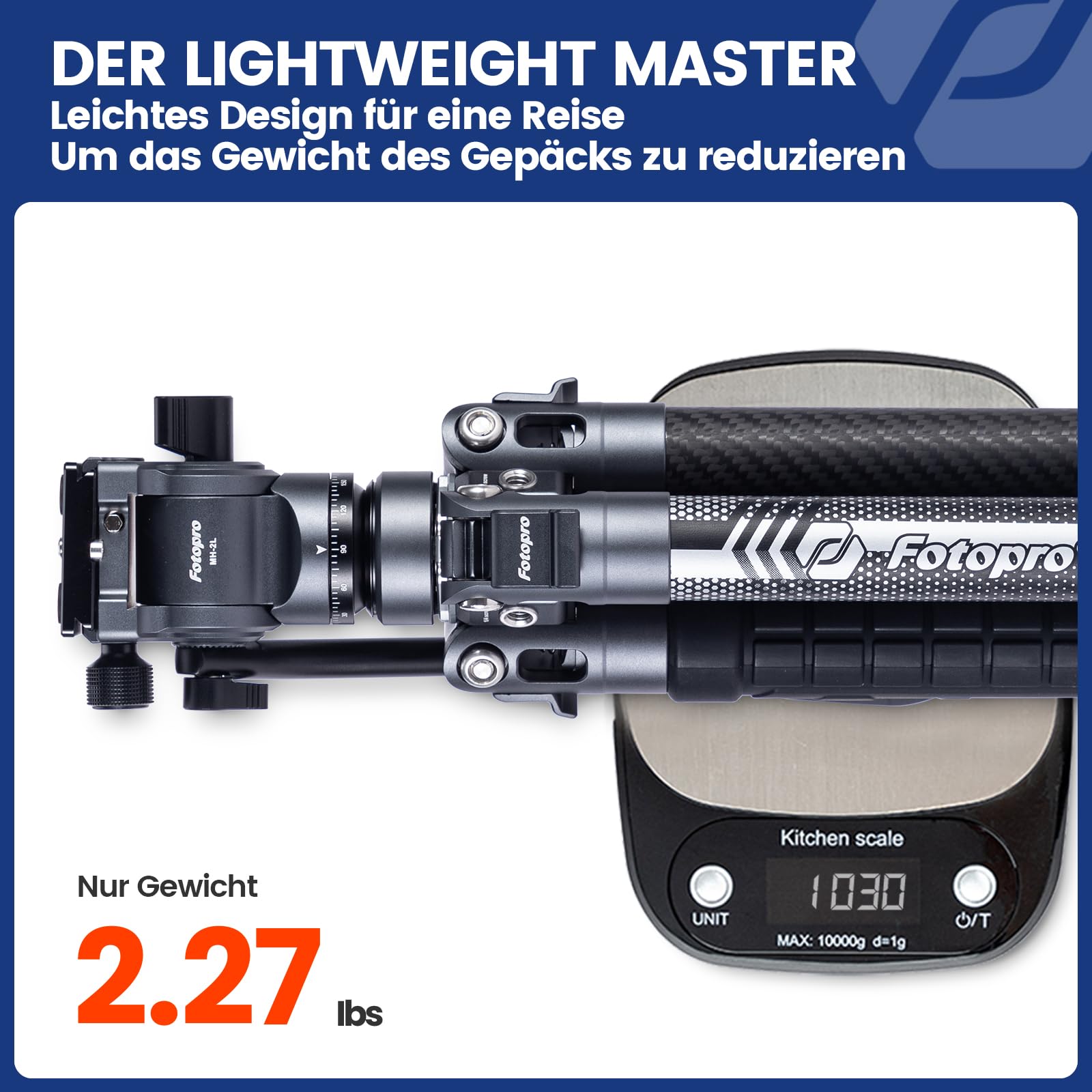 Fotopro 60" Camera Tripod, Carbon Fiber Travel Tripod with 360° Ball Head, Ultralight 2.1lbs, 22lbs Load, Quick Lock, Folds to 14.3" Carry-On, for DSLR Mirrorless Cameras, X-Aircross 3 Blue