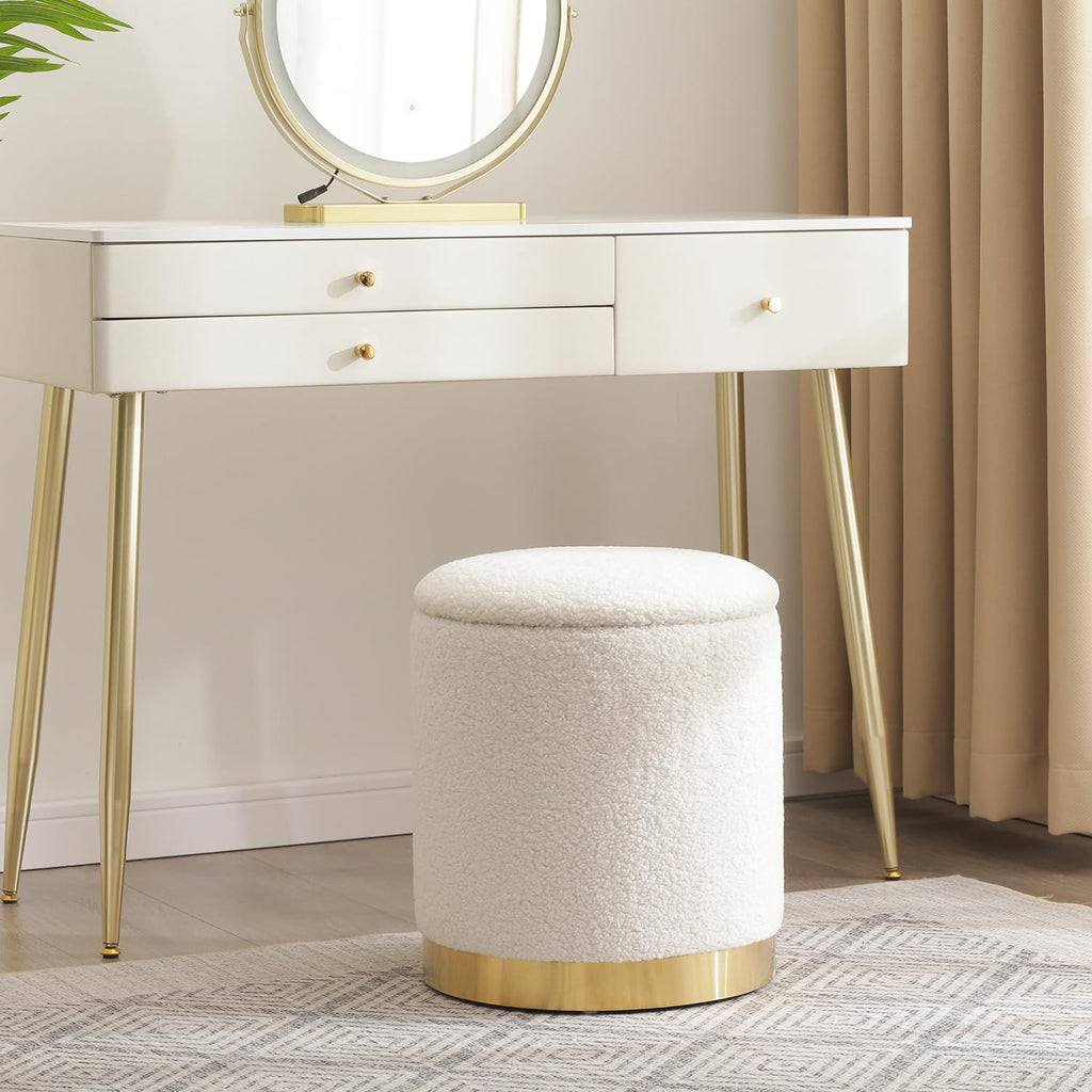 Joveco Boucle Round Ottoman with Storage,Vanity Stool with Storage for Bedroom, Ottoman Coffee Table,Small Boucle Foot Stool for Living Room, Black with Gold Plating