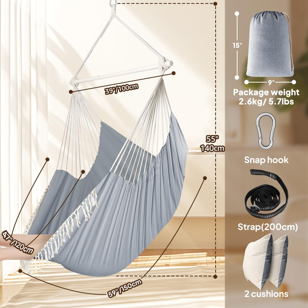 Chihee Hammock Chair Hanging Swing Max 500 Lbs 2 Cushions Included Metal Spreader Bar with Anti-Slip Grooves Portable Hanging Chair Side Pocket Large Macrame Bohemian Chair Indoor Outdoor | Hanging Swing with Anti-Slip Grooves Portable Hanging Chair Side