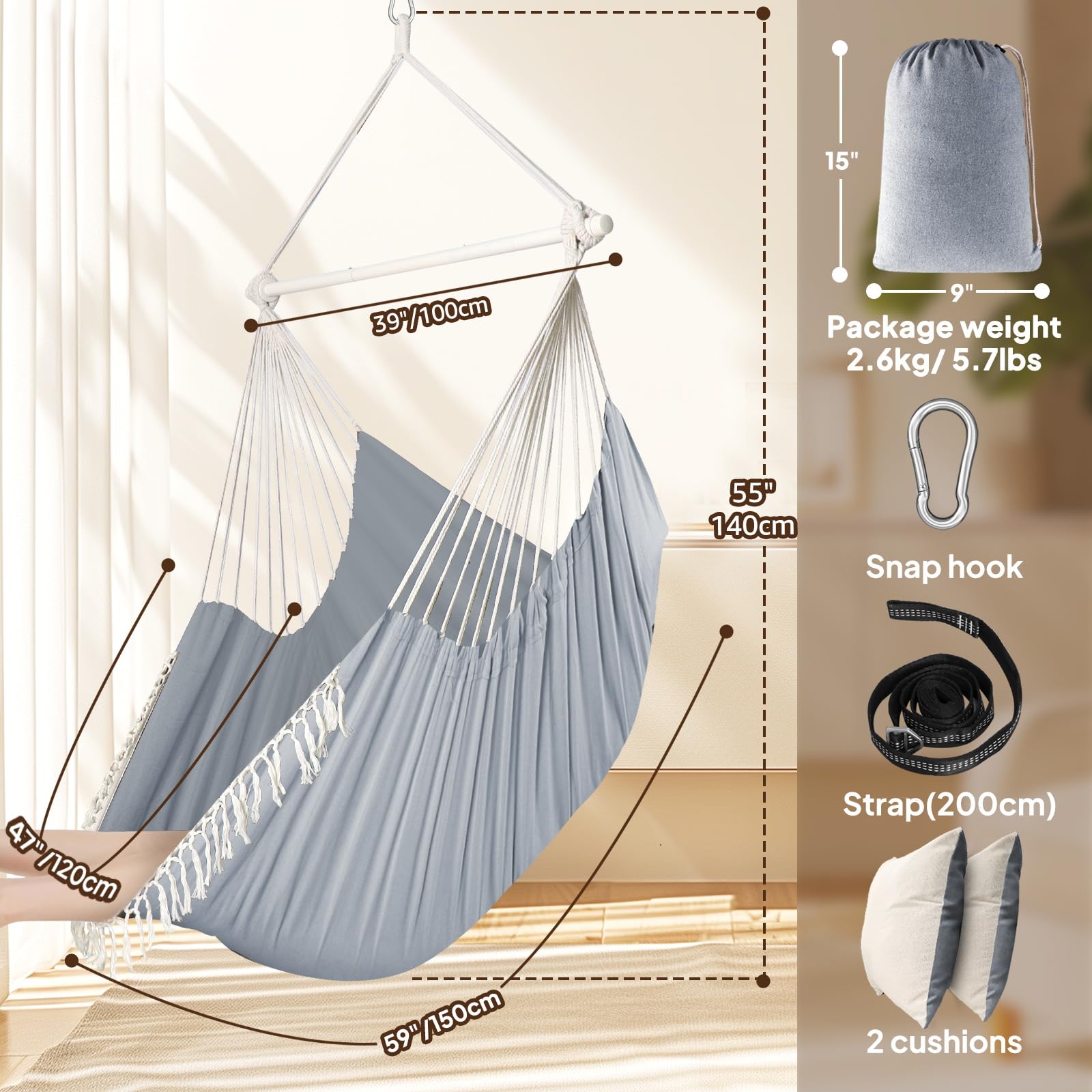 Chihee Hammock Chair Hanging Swing Max 500 Lbs 2 Cushions Included Metal Spreader Bar with Anti-Slip Grooves Portable Hanging Chair Side Pocket Large Macrame Bohemian Chair Indoor Outdoor | Hanging Swing with Anti-Slip Grooves Portable Hanging Chair Side