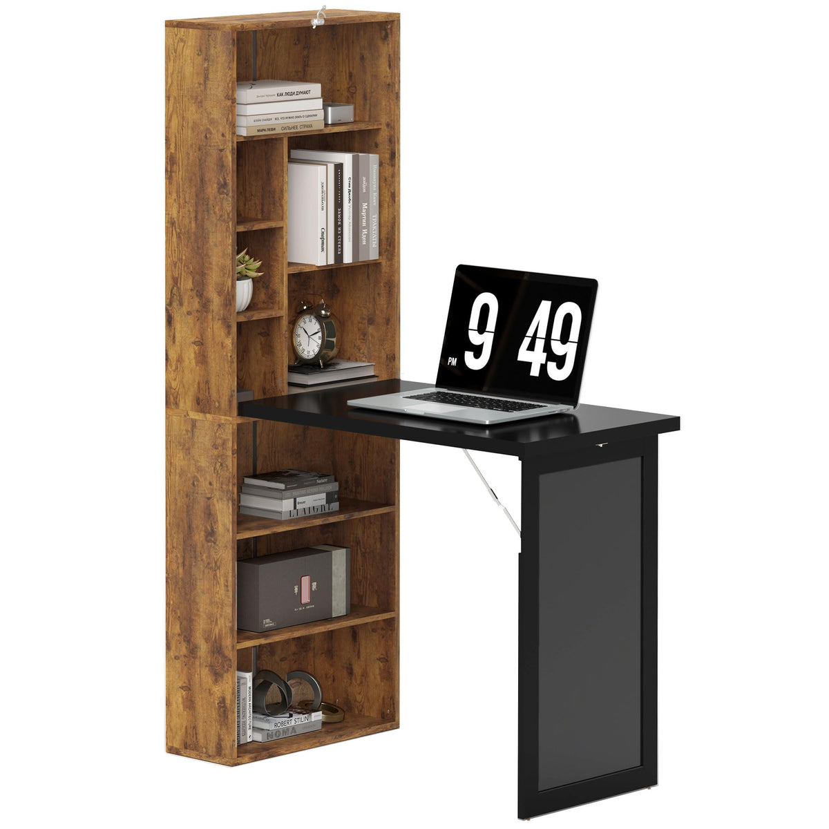 HOMCOM Foldable Convertible Writing Table, Wall Mounted Space-Saving Computer Desk with Chalkboard and Storage Shelves for Small Spaces, Home Office, Bedroom, Dorm, Apartment, Black