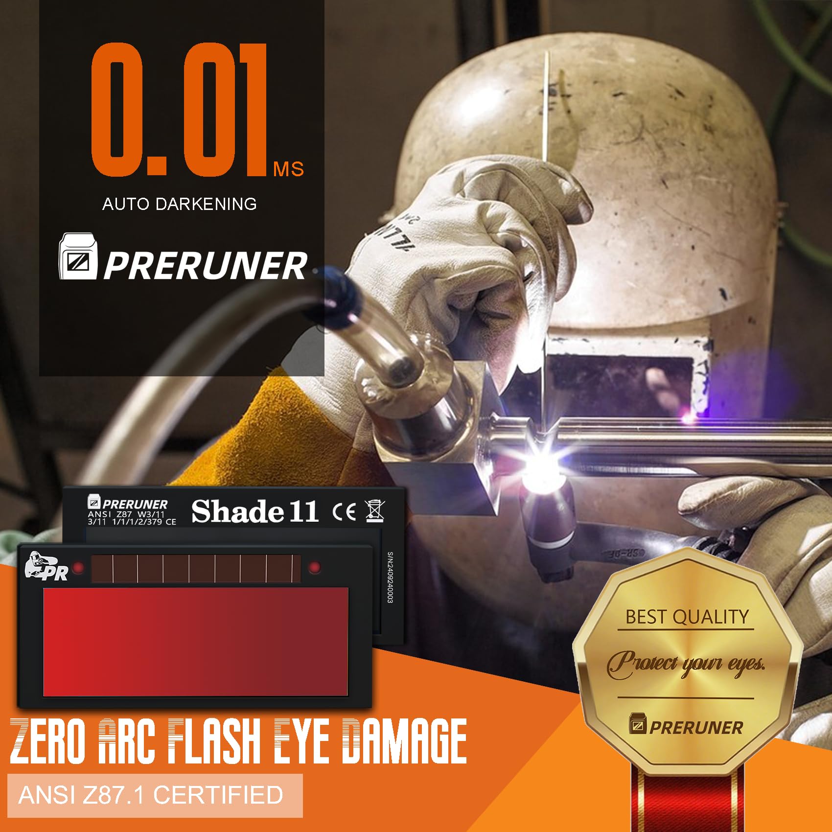 Core Series Gold Shade 9 Auto Darkening Welding Lens 2" x 4 1/4", Slim 0.2" Welding Lens with Cool Blue Puddle View for Pancake & Sugar Scoop Welding Hoods