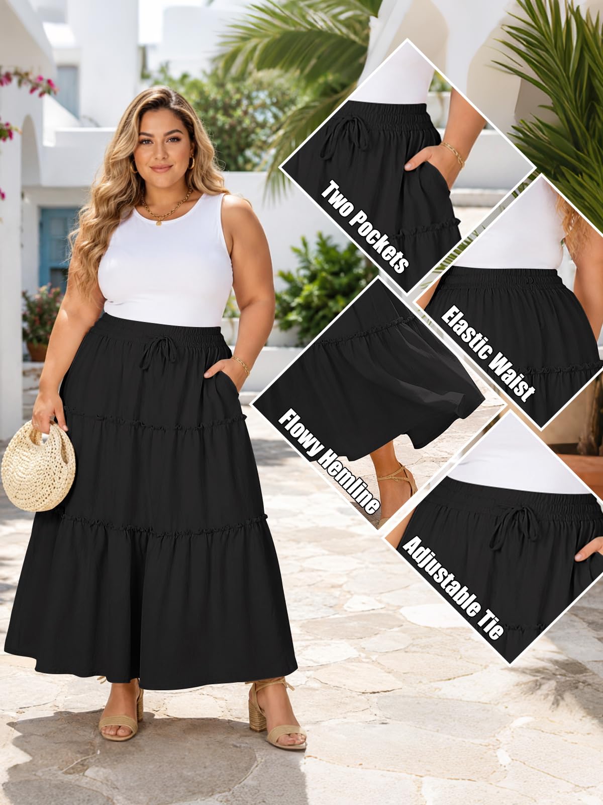 Moon Wood Plus Size Maxi Skirts for Women Trendy Long Flowy Boho Tiered Skirt Renaissance Summer Beach Skirt with Pockets