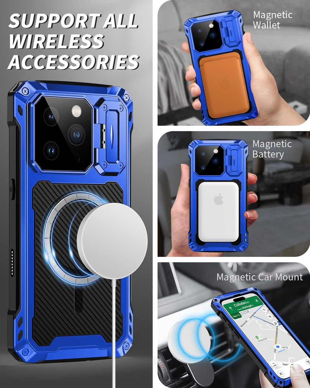 Lanhiem for iPhone 16 Metal Case with Camera Cover & Stand [Compatible with MagSafe] [Built-in Kickstand] [Military-Grade Protection] Heavy Duty Rugged Magnetic Phone Case, Black