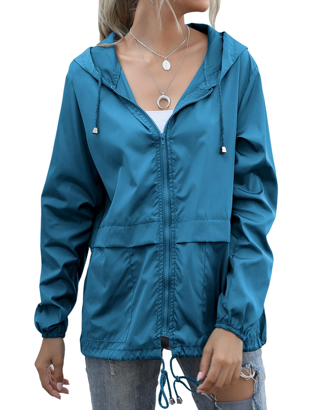 Women's Raincoats Lightweight Waterproof Windproof Adjustable Windbreaker Rain Jackets Hooded with Pockets S-XXL
