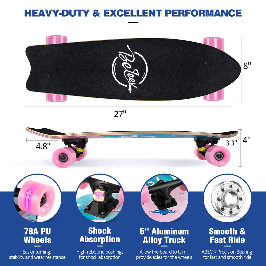 BELEEV Cruiser Skateboards for Beginners, 27 x 8 inch Complete Skateboard for Kids Teens Adults, 7 Ply Canadian Maple Double Kick Deck Concave Skateboard with Skate T-Tool