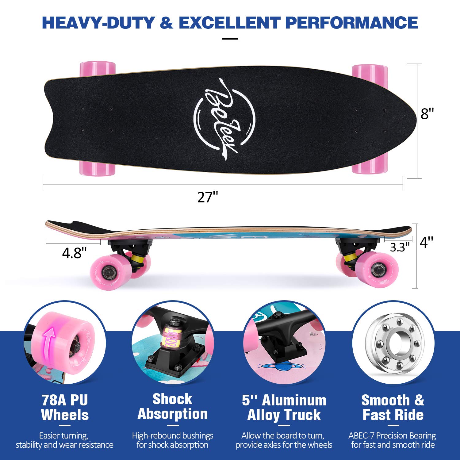 BELEEV Cruiser Skateboards for Beginners, 27 x 8 inch Complete Skateboard for Kids Teens Adults, 7 Ply Canadian Maple Double Kick Deck Concave Skateboard with Skate T-Tool