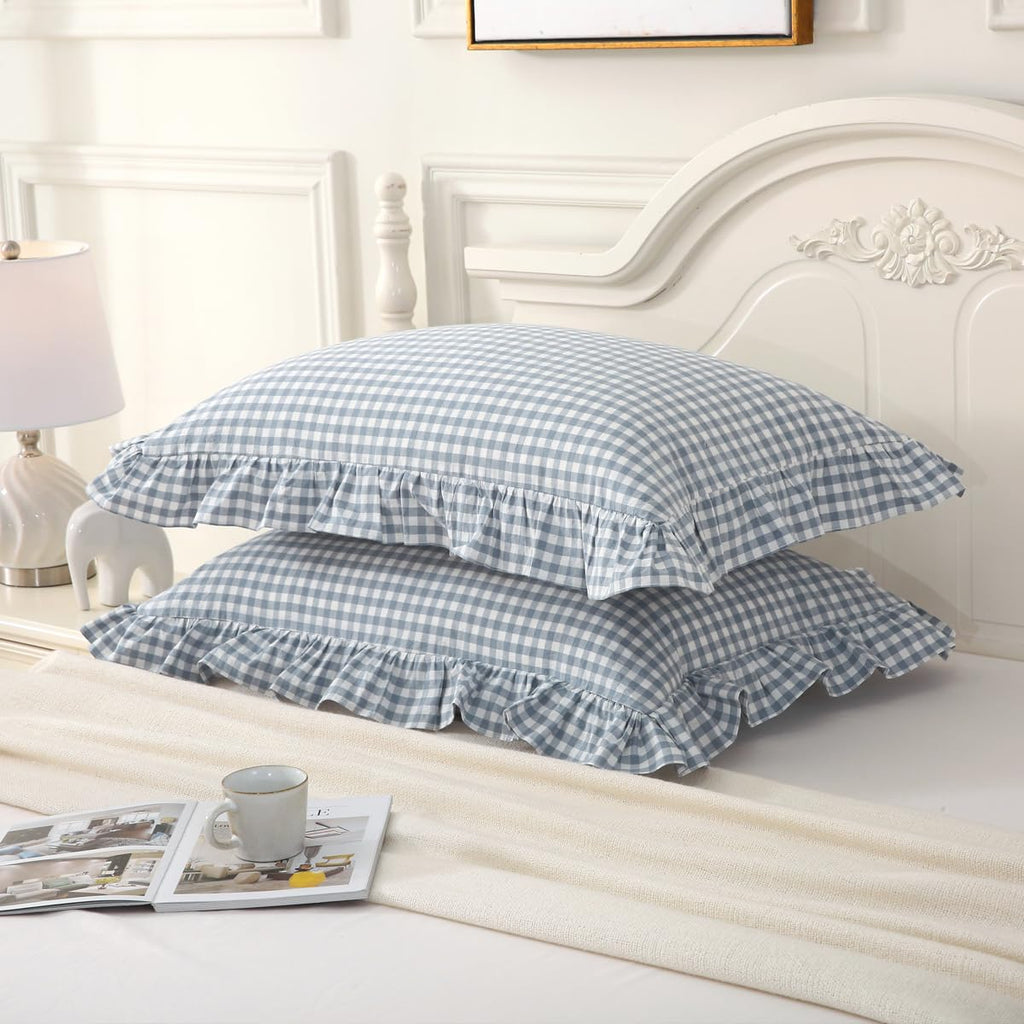 Silnuo Green/White Plaid Ruffled Queen Size Pillow Shams Set of 2,Washed Cotton Shabby Checkered Gingham Farmhouse Bed Pillow Covers 20"x30"