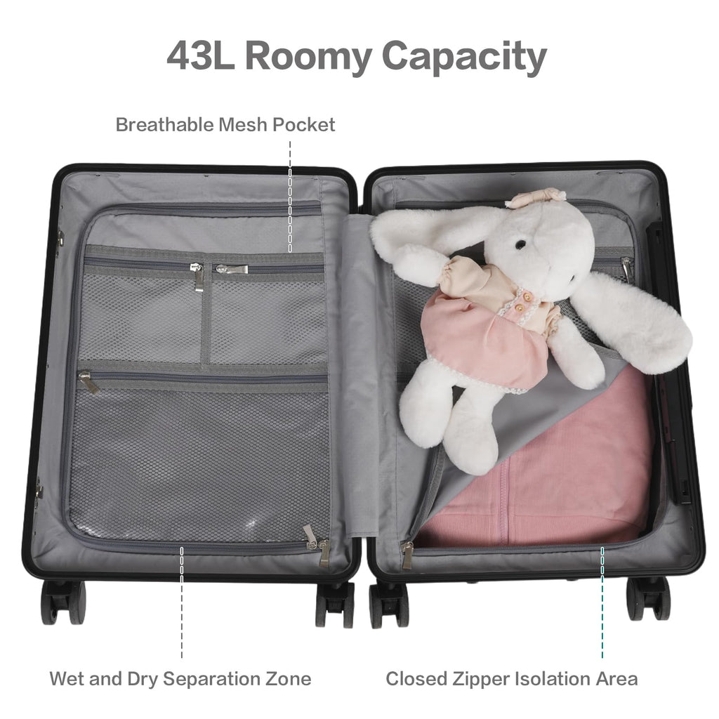 smilesun 20" Carry On Luggage with Seat For Kids & Adults，Hardside Ride On Suitcase Front Opening with 360°Spinner and TSA Lock For Travel (Black with Front Open, 20")