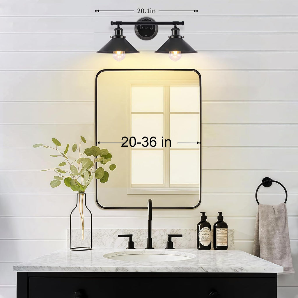 Black Bathroom Light Fixture 2-Light Matte Black Farmhouse Vanity Lights for Bathroom Light Fixtures, 20" Rustic Industrial Wall Sconce Vanity Lighting Fixtures over Mirror Kitchen Cabin Workshop Cafe