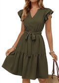 KIRUNDO Summer Dresses for Women 2026 Spring Flutter Sleeve V Neck Ruffle Flowy Tiered Knee Length Beach Vacation Sundress