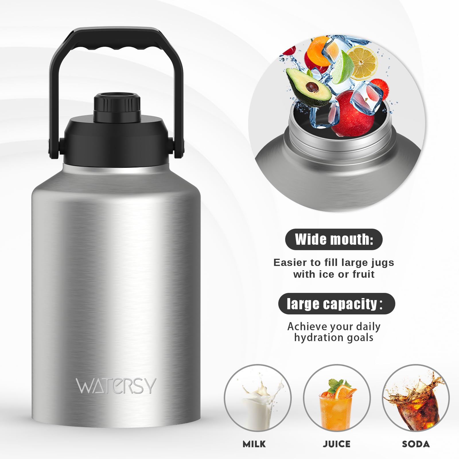 WATERSY Half Gallon Water Bottle Insulated(Cold for 48 Hrs),BPA Free&Leak Proof,64oz Stainless Steel Water Jug/Flask,Big thermo,Large Water Bottle with Handle for Gym,Hiking,Camping,Black