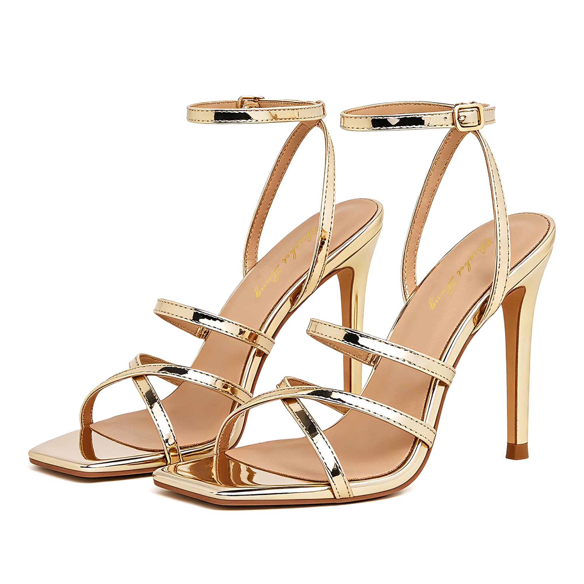 Elisabet Tang Women’s Crystal Stilettos Heeled Sandals, 4 Inch Square Open Toe Strappy Sexy High Heels Ankle Strap Buckle Heels for Party Wedding Dress Daily Wear Shoes
