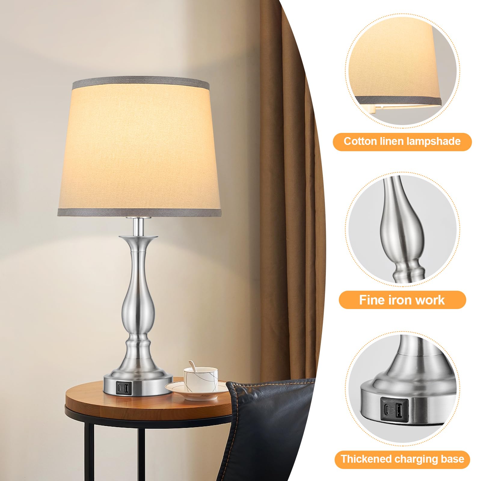 Bedside Table Lamp Touch Control Bedroom Lamps with USB A and C Charging Port 3 Way Dimmable Touch Lamps for Nightstand Living Room Bedroom Dorm Home Office Reading, Set of 2