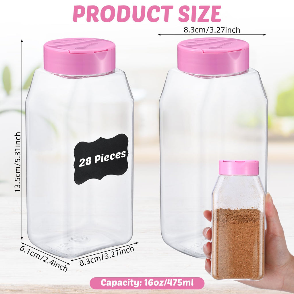 Mifoci 28 Pack 16 oz Plastic Spice Jars with Cap Square Plastic Bottle Containers with Shaker Lids and Stickers Large Seasoning Shaker Empty Powder Storage Container for Storing Salt Herbs (Black)
